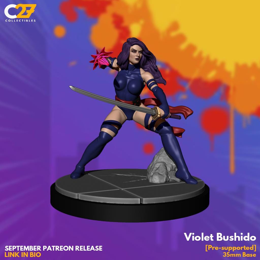 Psylocke (Violet Bushido by C27 - 40mm miniature) with Base - Crisis Protocol Proxy