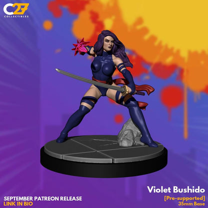 Psylocke (Violet Bushido by C27 - 40mm miniature) with Base - Crisis Protocol Proxy