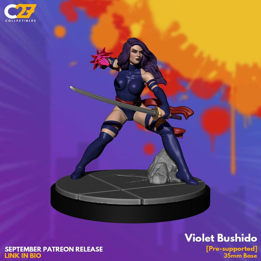 Psylocke (Violet Bushido by C27 - 40mm miniature) with Base - Crisis Protocol Proxy